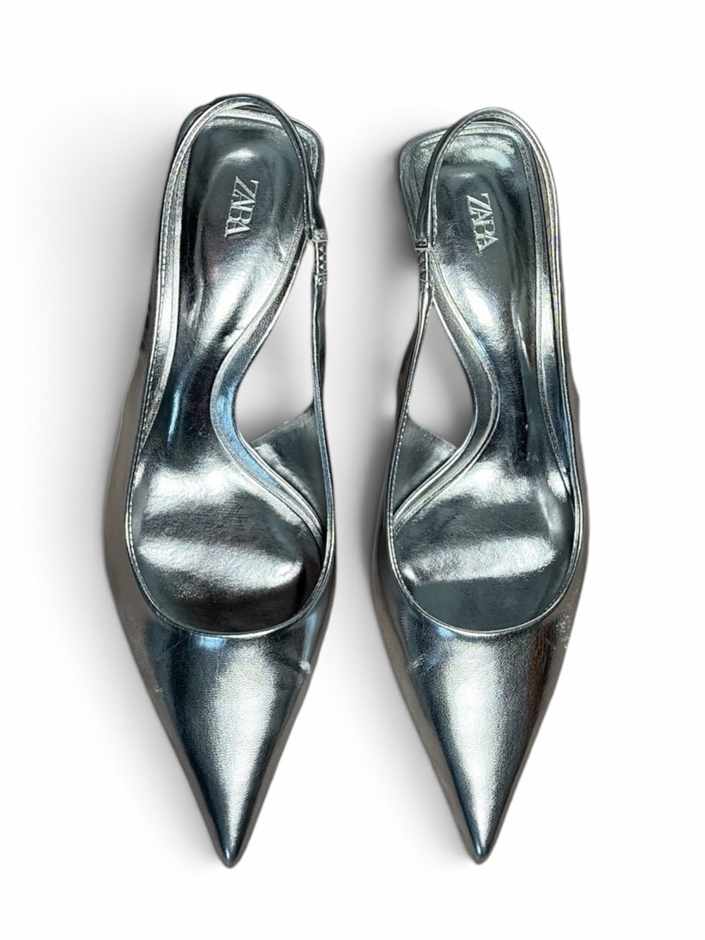 Zara Metallic Silver Pointed Toe Slingback Kitten Heels EU 37